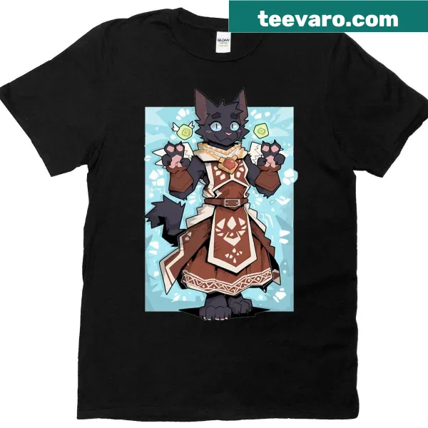 Cute T-shirt featuring a black cat mage casting glowing magic.
