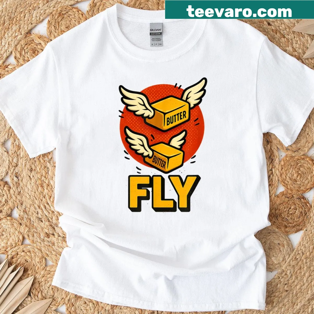 Funny T-shirt featuring cartoon butterfly and food pun graphic — on a men's t-shirt