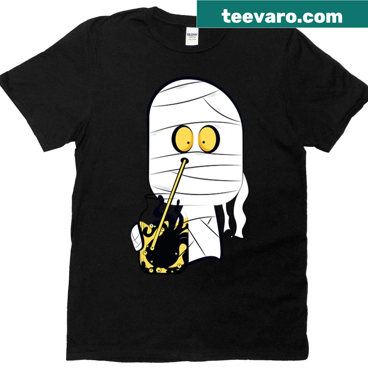 Oversized T-shirt featuring a cute cartoon mummy design for Halloween — on a men's t-shirt