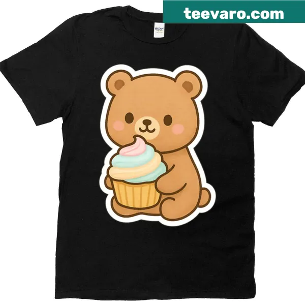 Cute chibi bear with cupcake graphic T-shirt