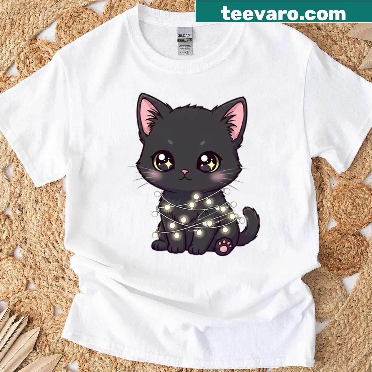 Chibi black kitten with Christmas lights on T-shirt — on a men's t-shirt