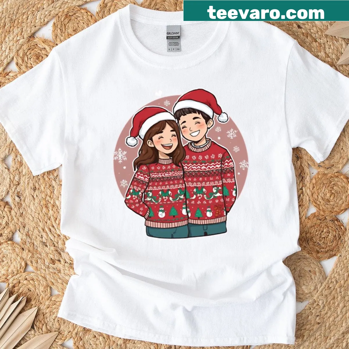 Couple cartoon design wearing matching ugly Christmas hats — on a men's t-shirt