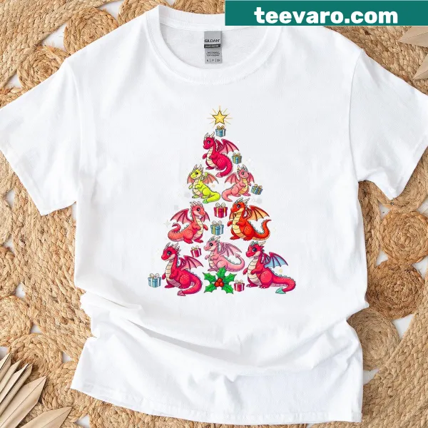 Cute dragon artwork on a Christmas tree t-shirt.