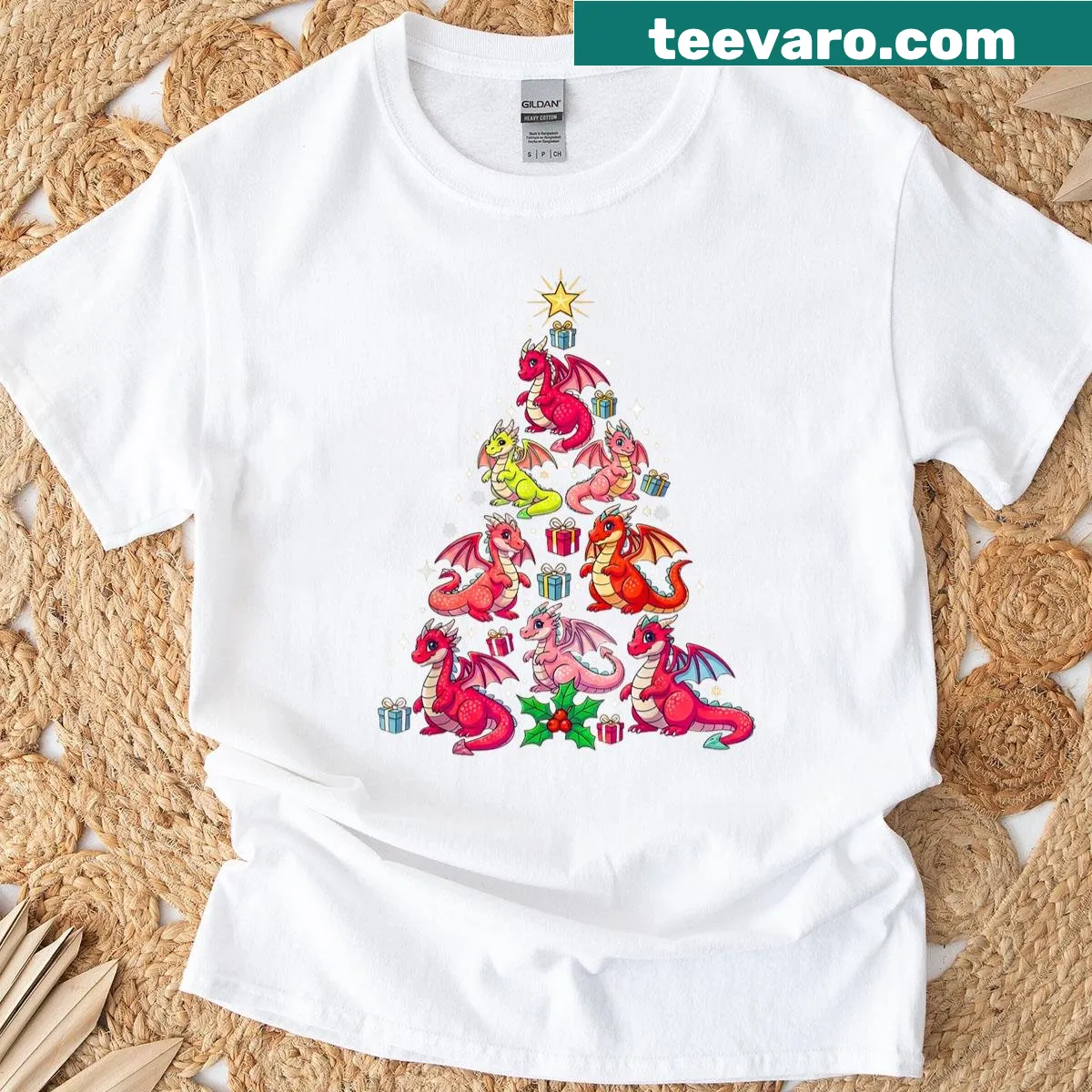Cute dragon artwork on a Christmas tree t-shirt. — on a men's t-shirt