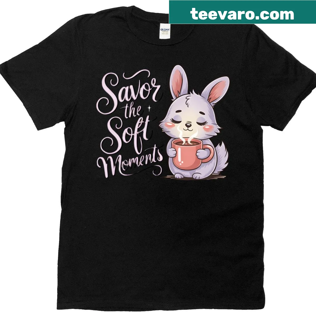 Kawaii illustration of a bunny with a hot drink for cozy moments. — on a men's t-shirt