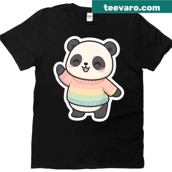 Cute kawaii panda t-shirt featuring a waving chibi panda design
