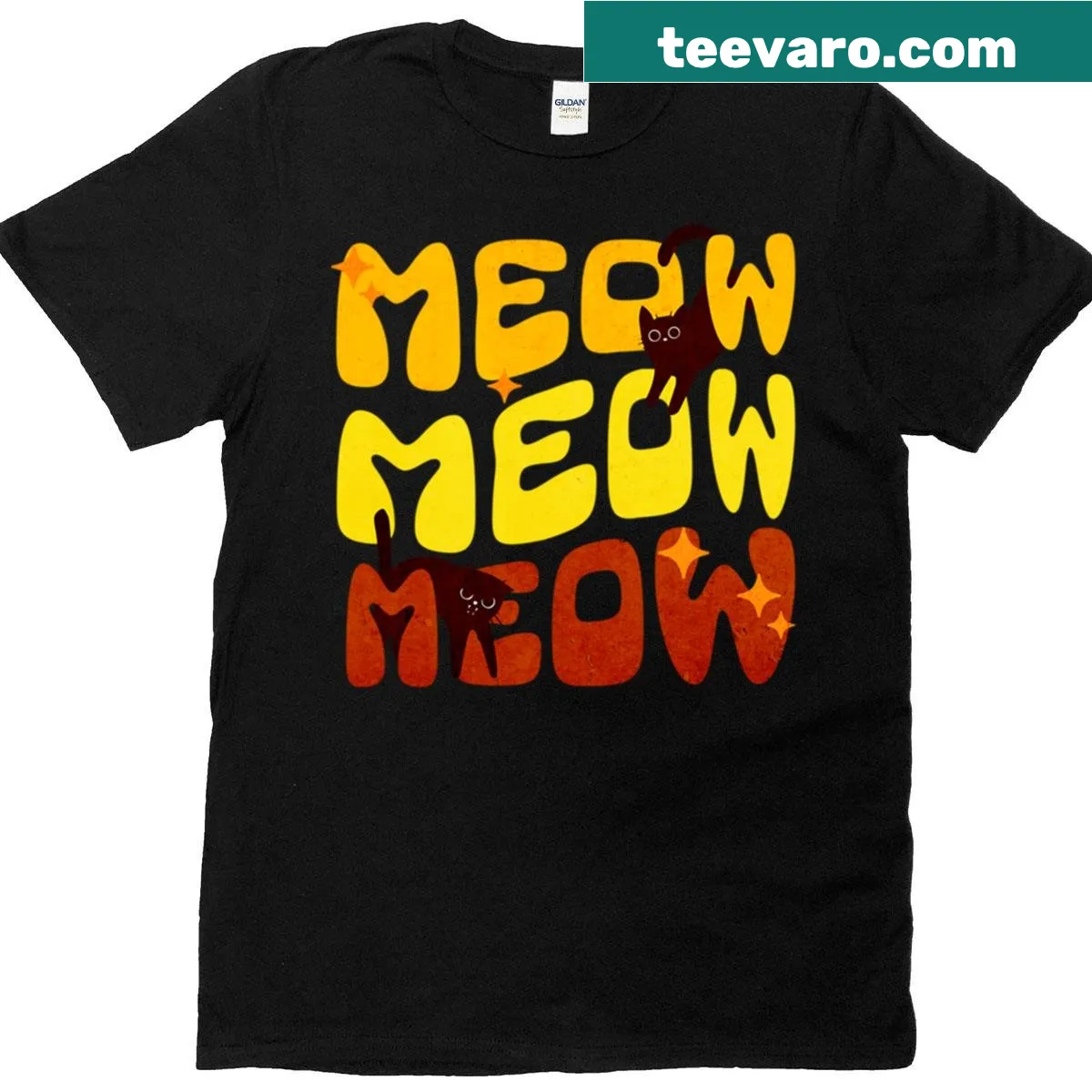 Vintage cat t-shirt with playful 'Meow' graphic — on a men's t-shirt