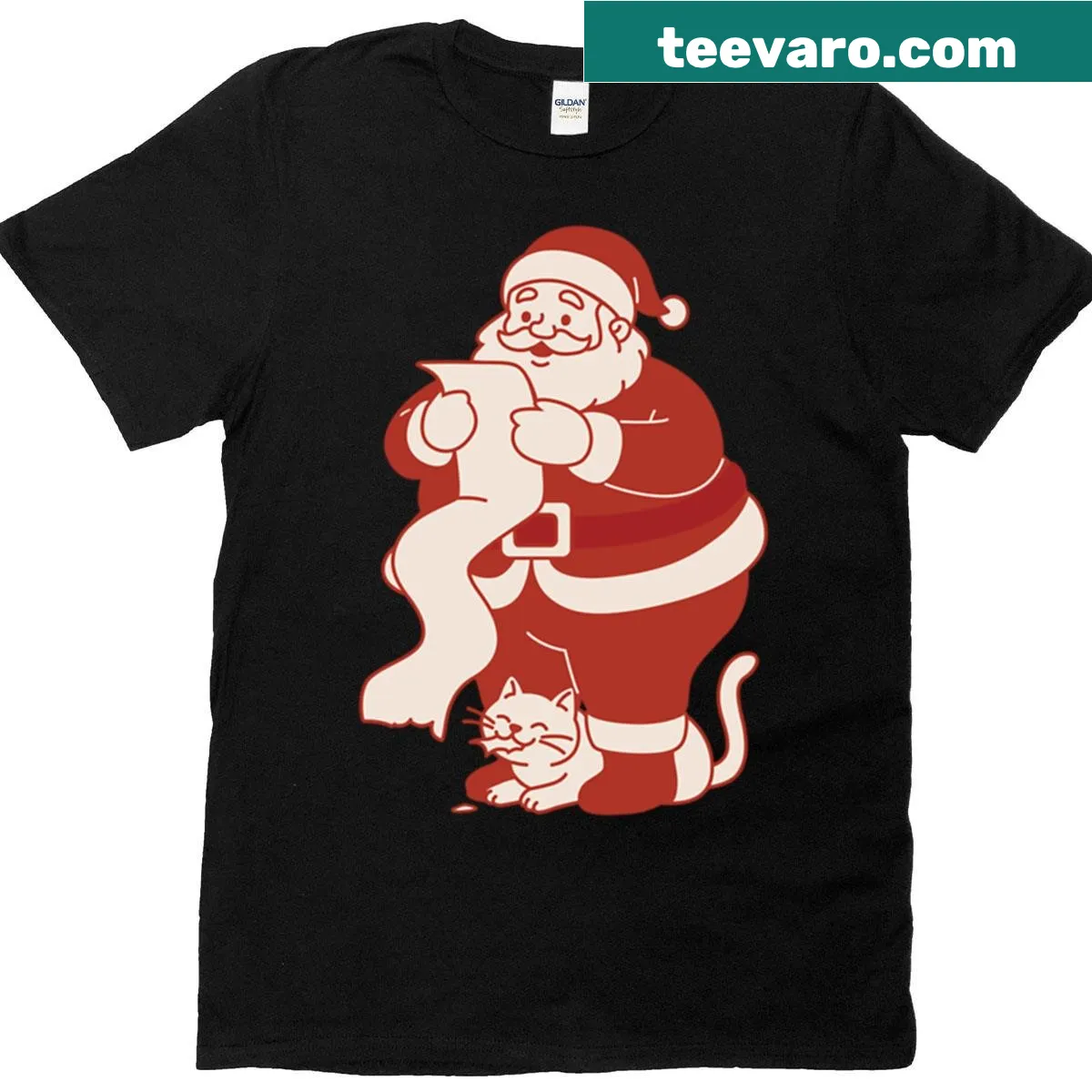 Cute Christmas shirt featuring Santa and a playful cat. — on a men's t-shirt