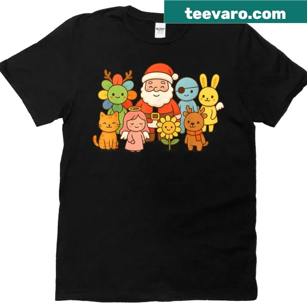 Cute graphic of Santa and friends on a holiday T-shirt