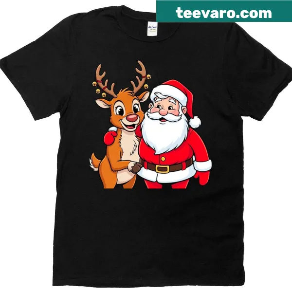 Cute cartoon illustration of Santa and a reindeer for Christmas.