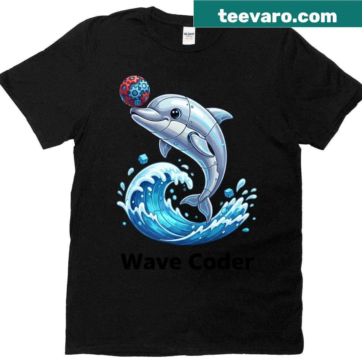 Cartoon design of a cyber dolphin playing with a tech sphere. — on a men's t-shirt