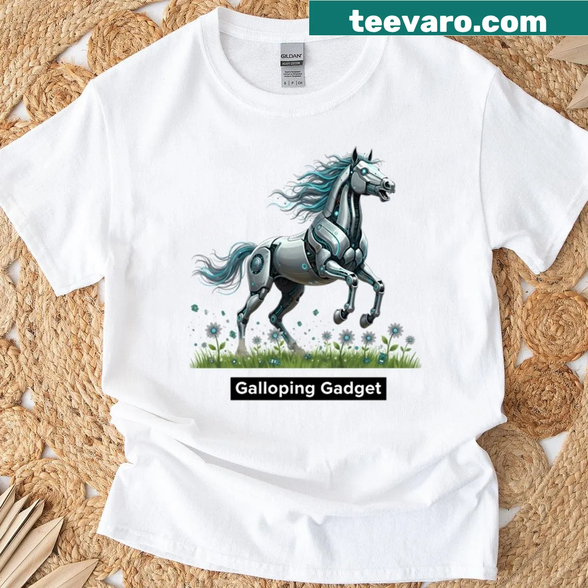 Cybernetic horse galloping through flowers on a T-shirt. — on a men's t-shirt