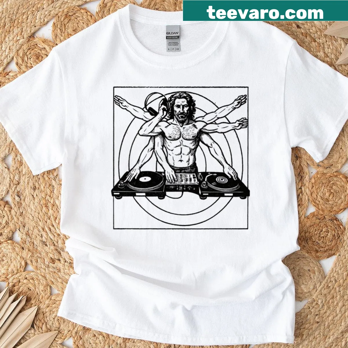 Da Vinci as a DJ graphic t-shirt design — on a men's t-shirt