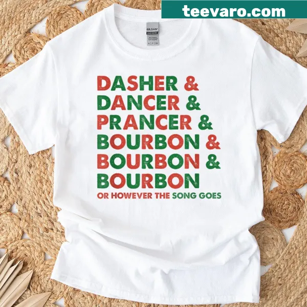 Funny Christmas t-shirt with reindeer names and Bourbon
