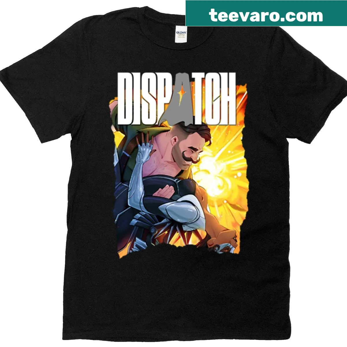 Comic cover design from Dispatch game featuring action scene — on a men's t-shirt