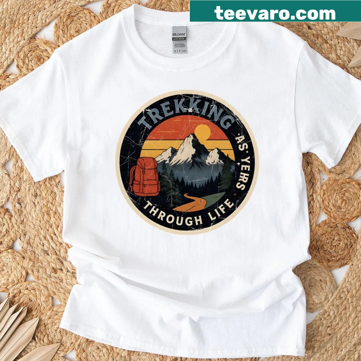 Distressed emblem T-shirt highlighting the journey of life — on a men's t-shirt