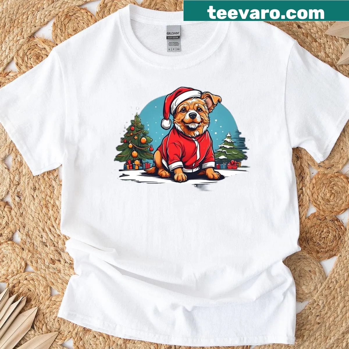 Dog in Santa Claus outfit on a festive t-shirt — on a men's t-shirt