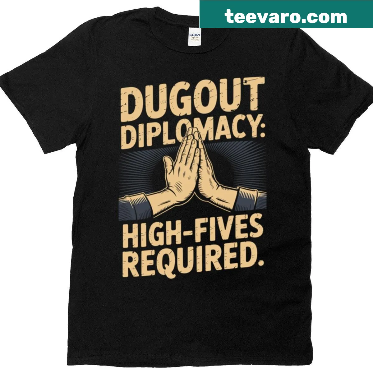 Retro illustration t-shirt featuring high fives and Dugout Diplomacy — on a men's t-shirt