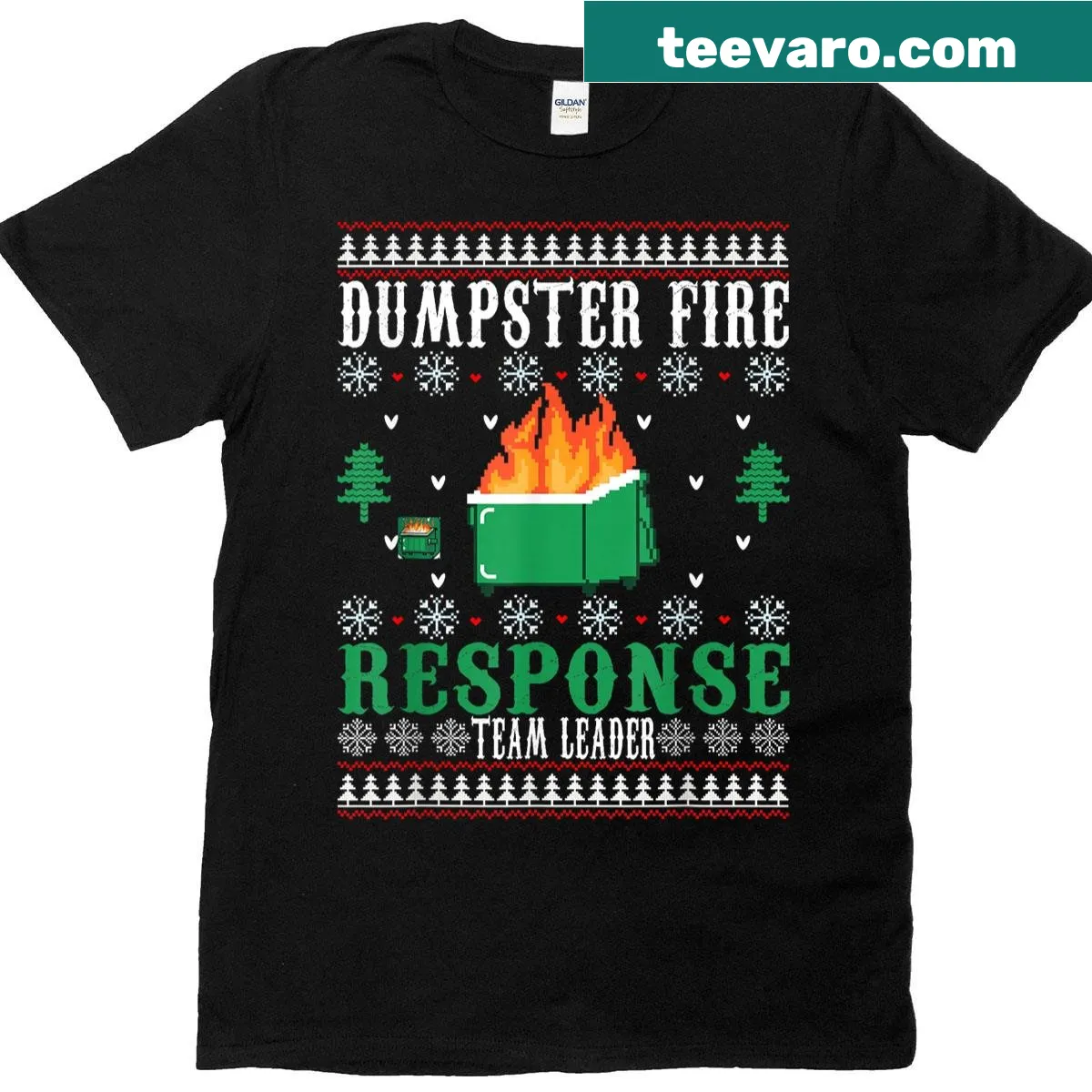 Funny Christmas-themed t-shirt with dumpster fire response team graphic — on a men's t-shirt