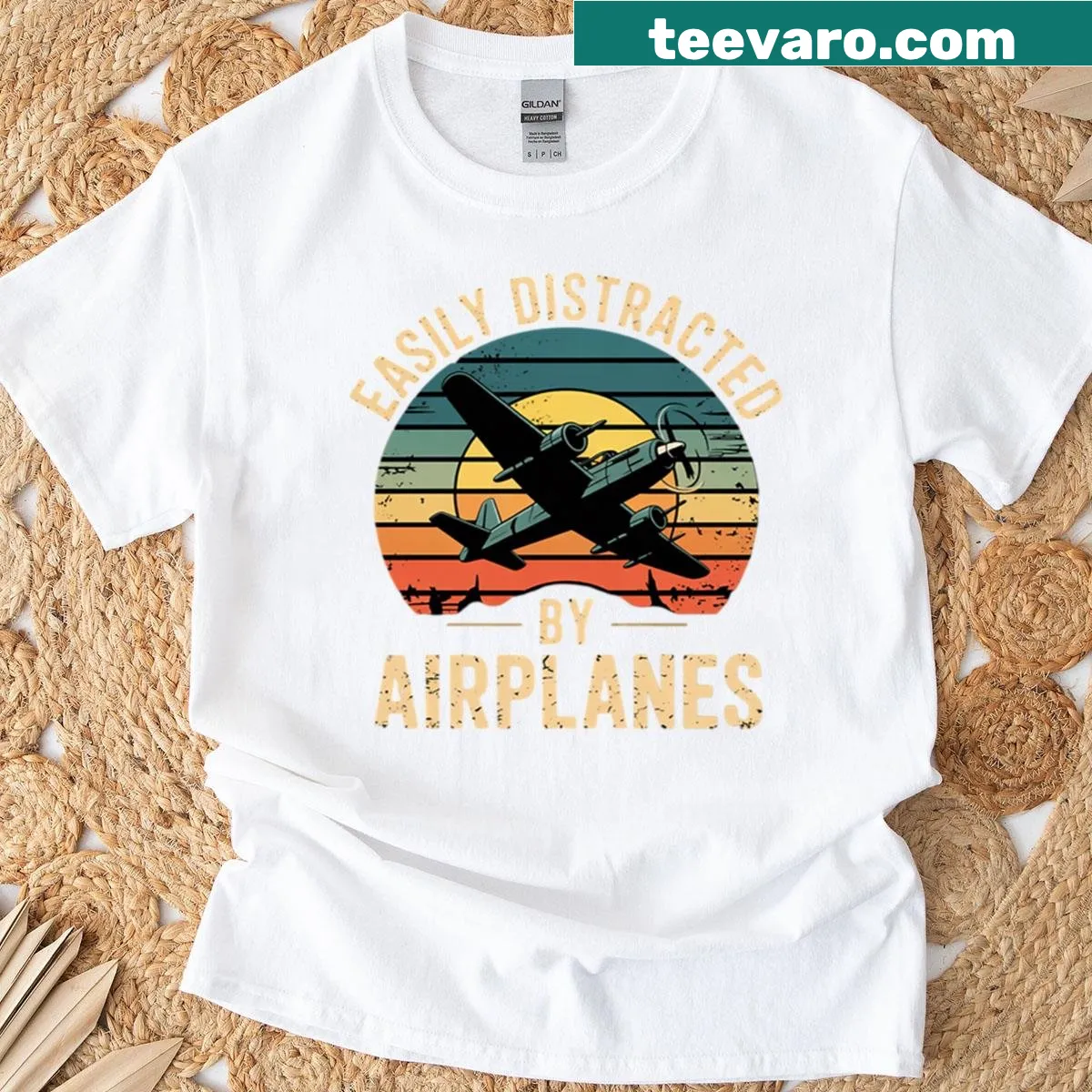 Funny t-shirt for airplane lovers featuring playful text about distraction by planes — on a men's t-shirt