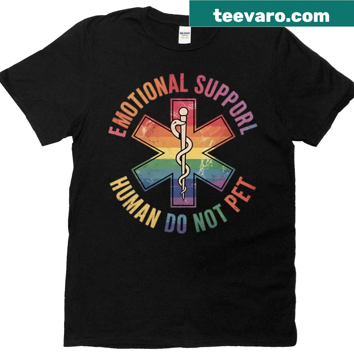 Humorous t-shirt with 'Emotional Support Human Do Not Pet' text — on a men's t-shirt