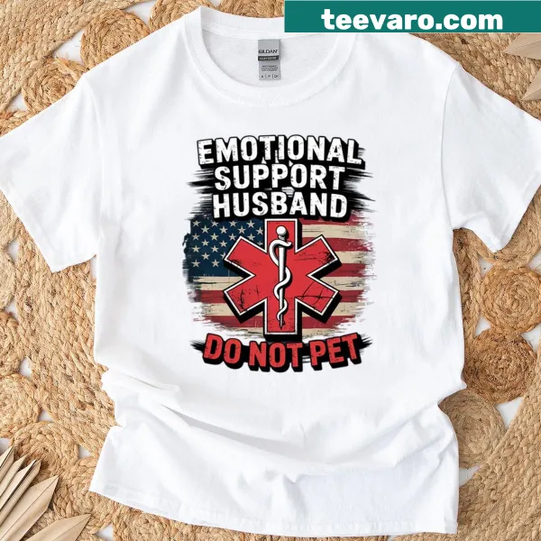 Humorous T-shirt for husbands with 'Emotional Support Husband Do Not Pet' text