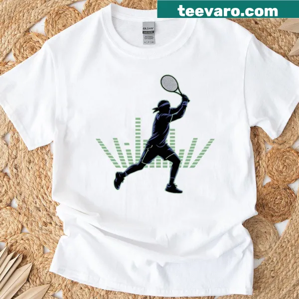 T-shirt featuring an energetic tennis player with sound waves