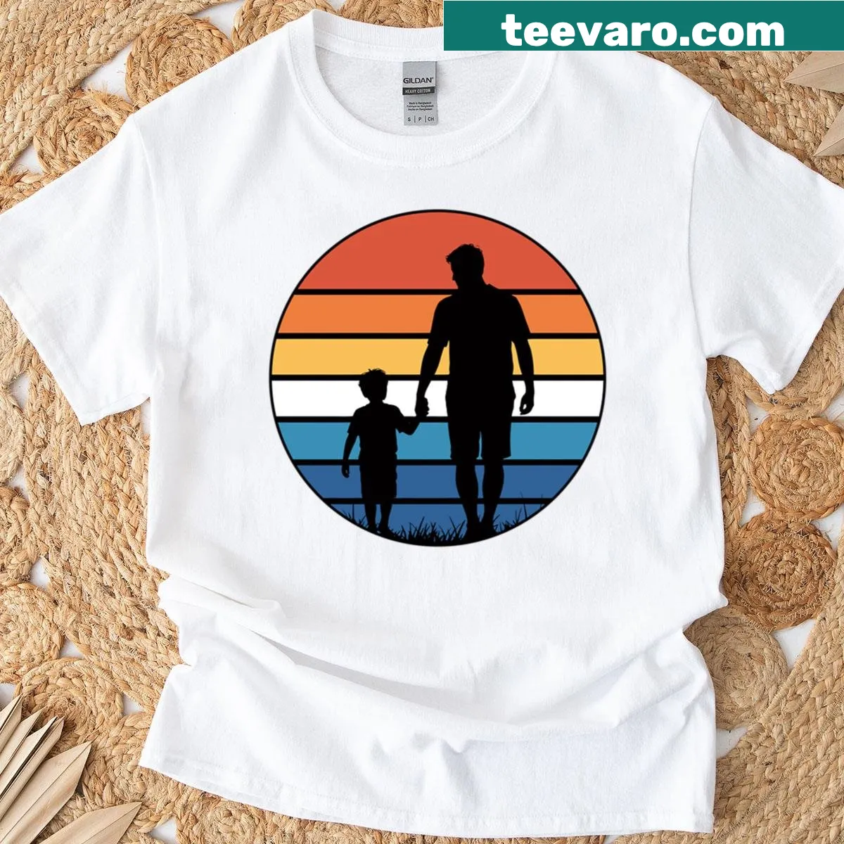 Silhouette graphic of father and son on a retro T-shirt — on a men's t-shirt