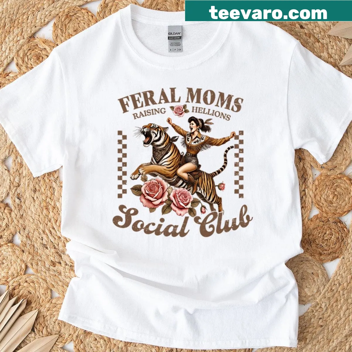 Vintage graphic tee with a lady riding a tiger for wild moms — on a men's t-shirt
