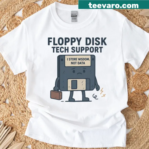 Oversized t-shirt with floppy disk graphic for tech support