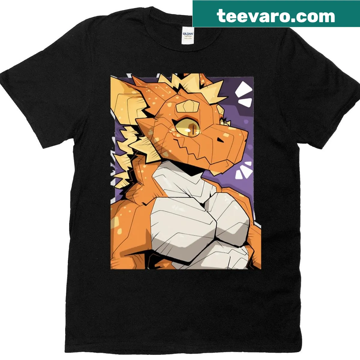 Charming orange dragon portrait T-shirt looking sideways, perfect for fantasy fans — on a men's t-shirt