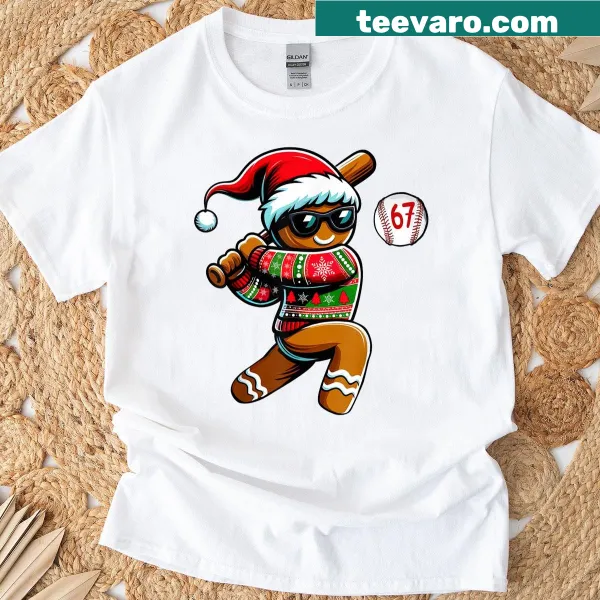 Gingerbread man playing baseball graphic for Christmas meme T-shirt