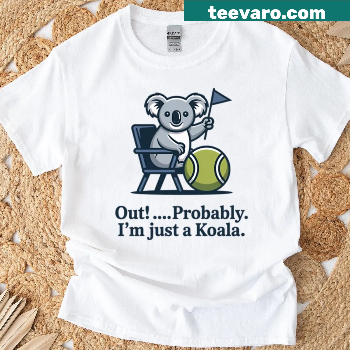 Cartoon koala tennis umpire graphic on a humorous t-shirt — on a men's t-shirt