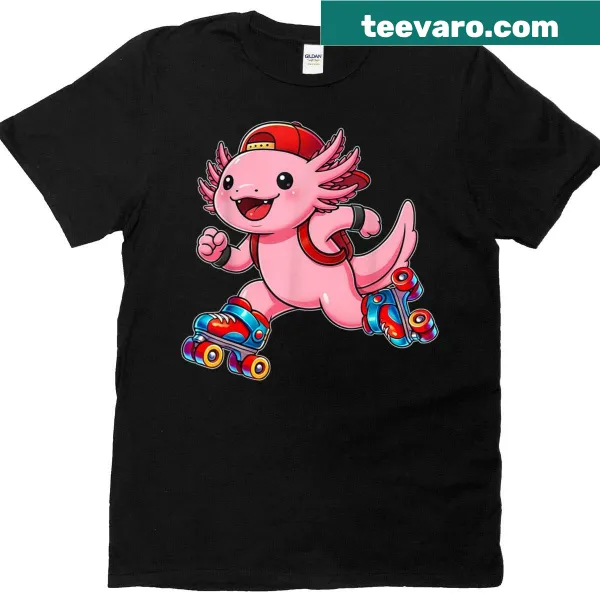 Cartoon axolotl in roller skates on a fun graphic t-shirt
