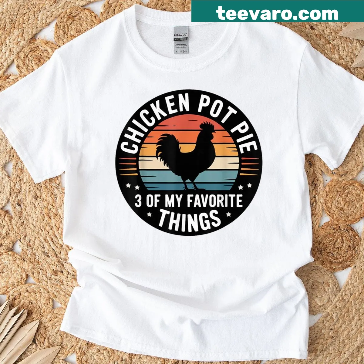 Retro t-shirt featuring sarcastic chicken pot pie humor — on a men's t-shirt