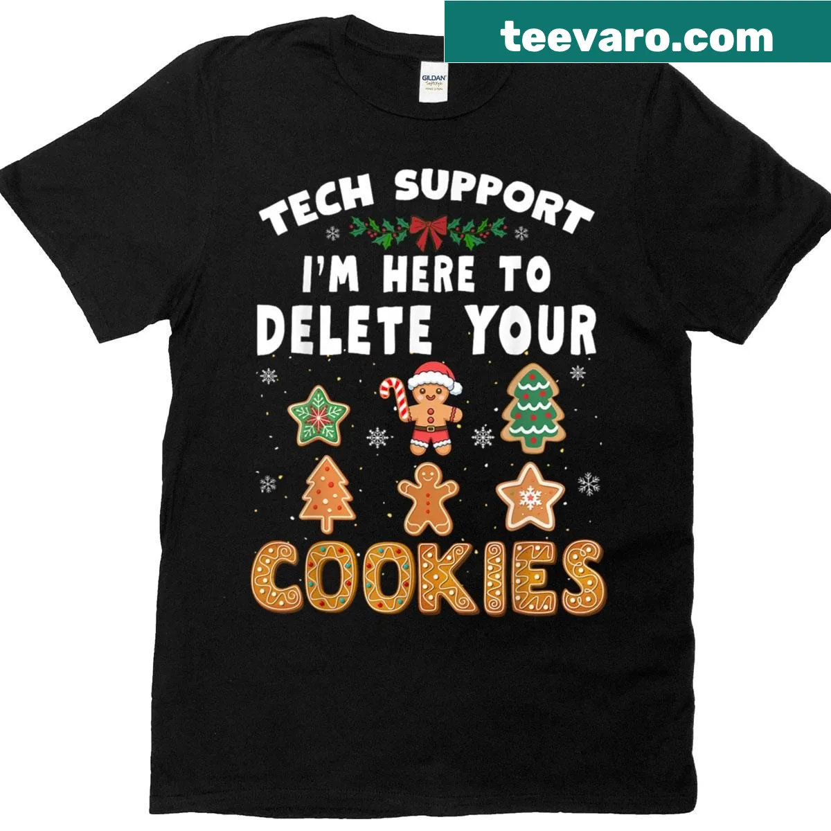 Humorous Christmas tech support t-shirt featuring a cookie pun — on a men's t-shirt