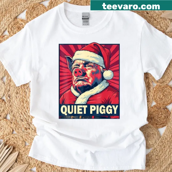 Cartoon pig with 'Quiet Piggy' text on Christmas T-shirt