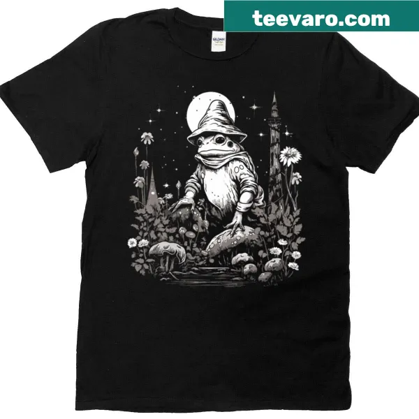 Cartoon t-shirt depicting a frog wizard with mushrooms