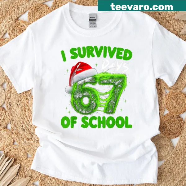 Funny school survival T-shirt with humorous text about surviving 67 days of school