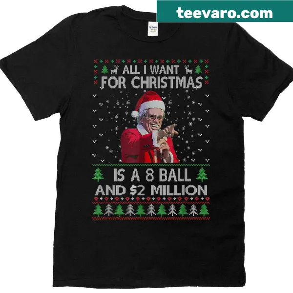 Christmas-themed t-shirt with humorous 8-ball graphic and text