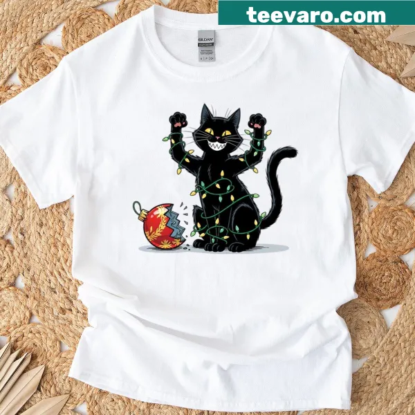 Whimsical black cat graphic with 'Destroyer of Christmas' text