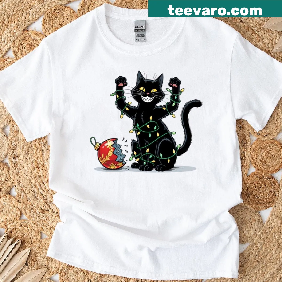 Whimsical black cat graphic with 'Destroyer of Christmas' text — on a men's t-shirt