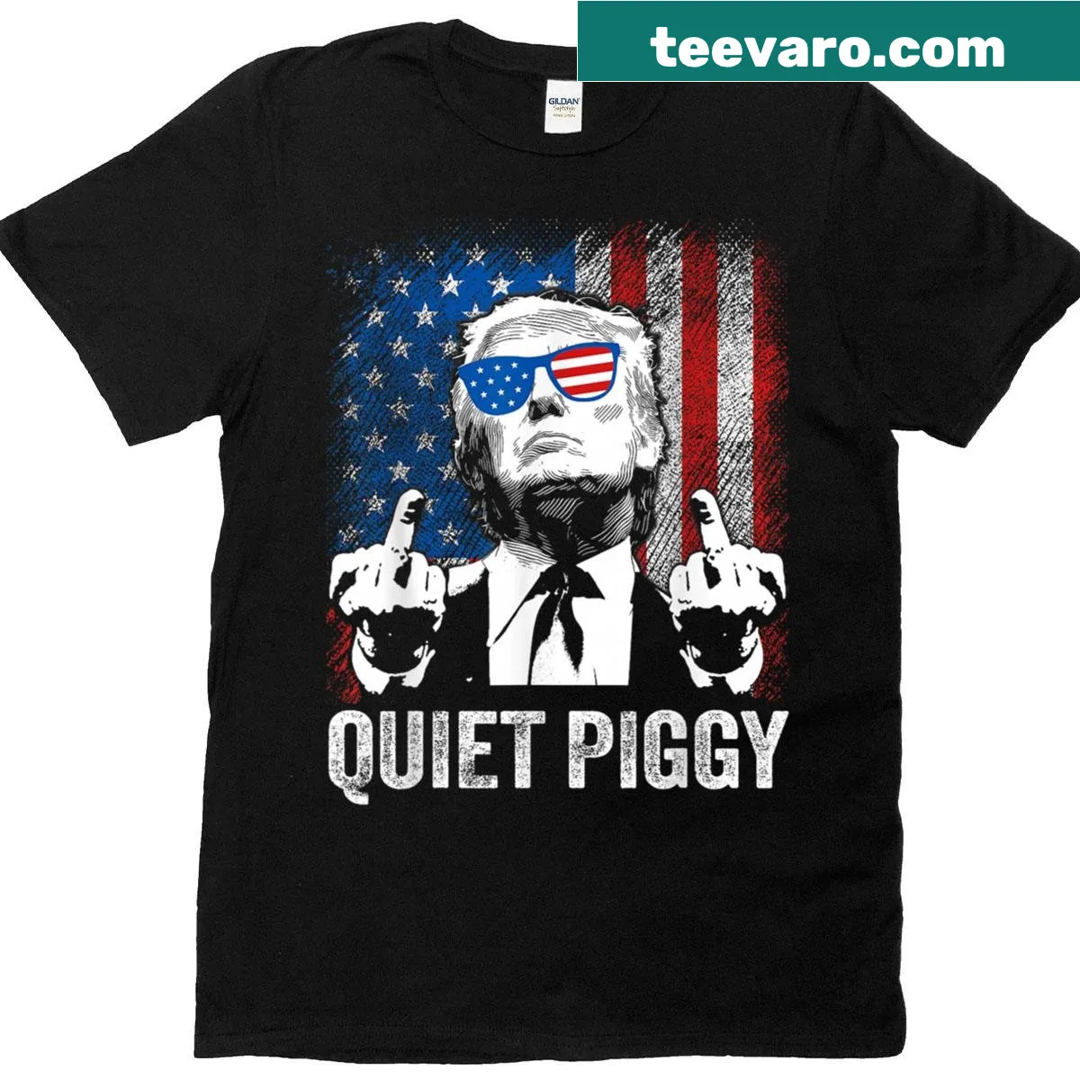 Shirt with the quote 'Quiet, Quiet Piggy' and a playful pig graphic — on a men's t-shirt