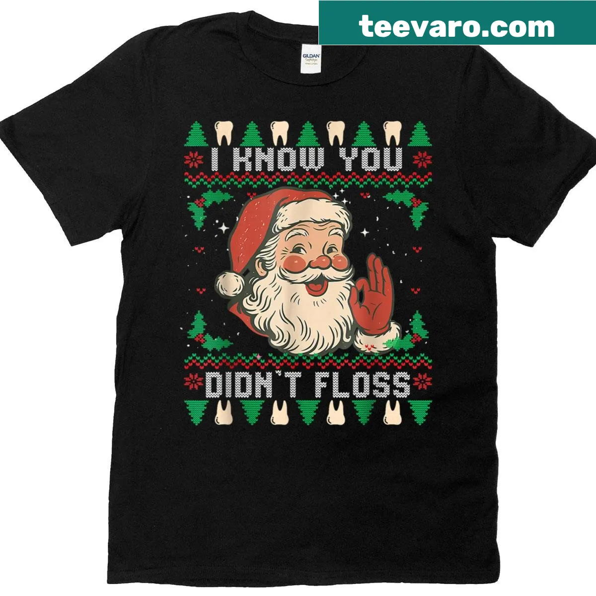 Humorous dental-themed Christmas T-shirt with text about flossing — on a men's t-shirt