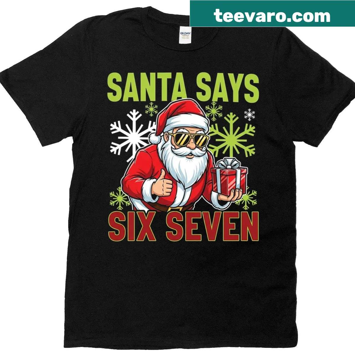 Funny Christmas T-shirt featuring Santa saying Six Seven meme graphic — on a men's t-shirt