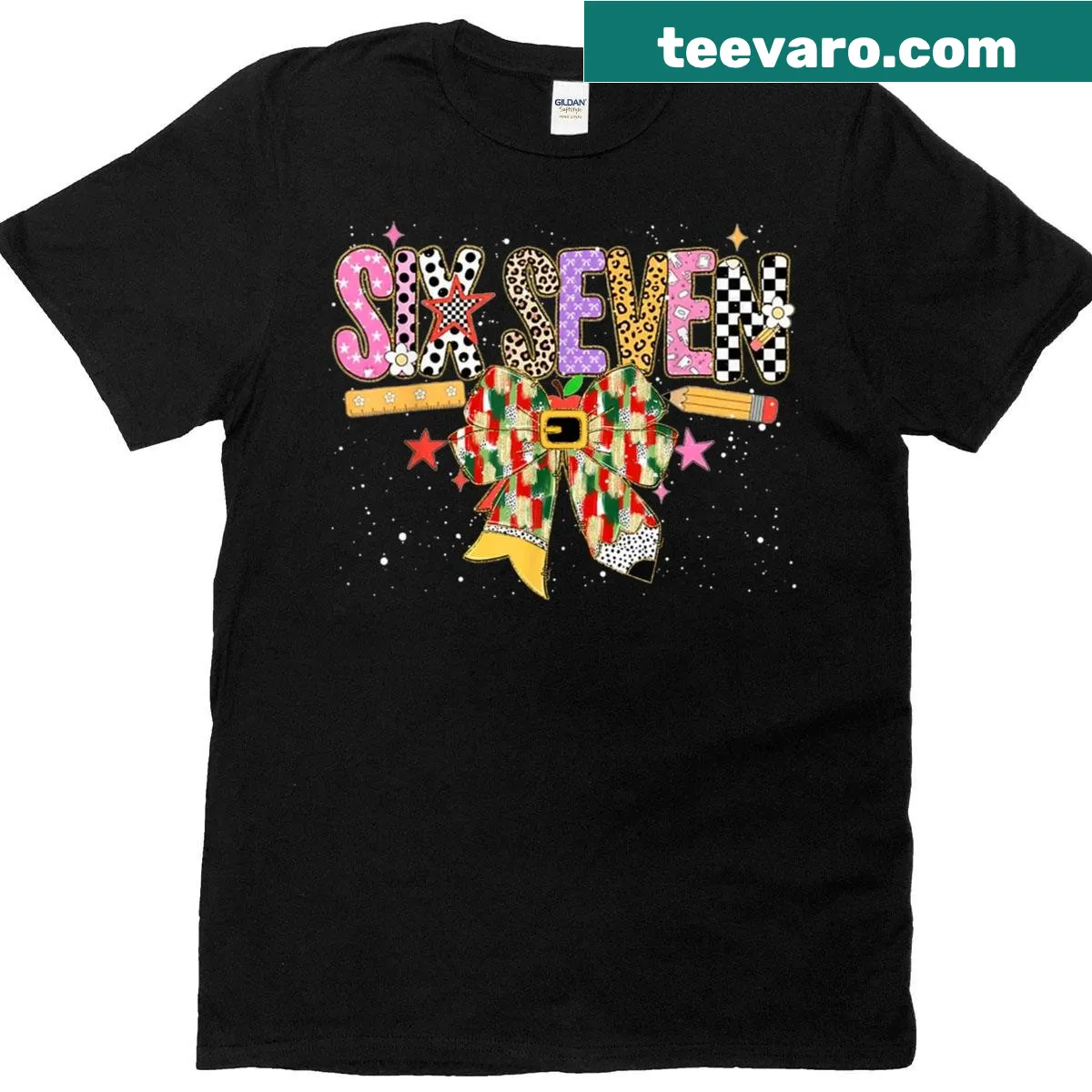 Teacher Christmas t-shirt with Funny Six Seven 67 meme and bow illustration — on a men's t-shirt