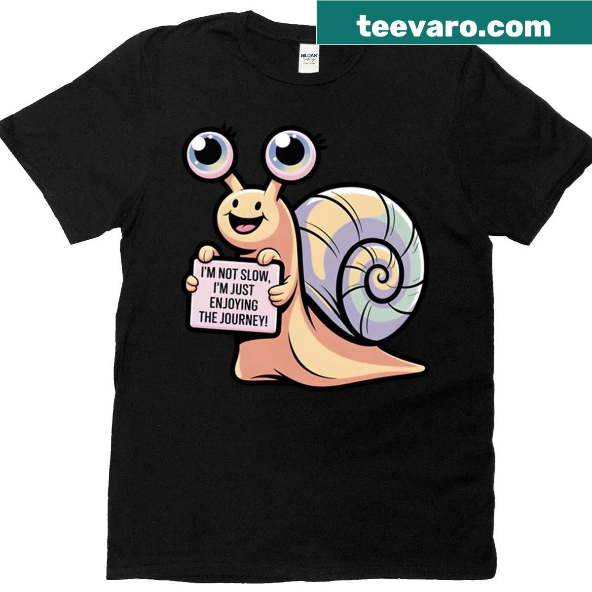 Cartoon snail t-shirt featuring a cute and humorous snail character — on a men's t-shirt