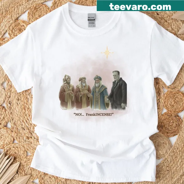 Funny nativity scene featuring Frankenstein graphic on T-shirt