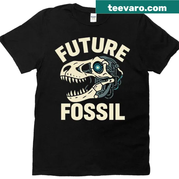 Cyberpunk T-rex skull graphic on sci-fi themed T-shirt