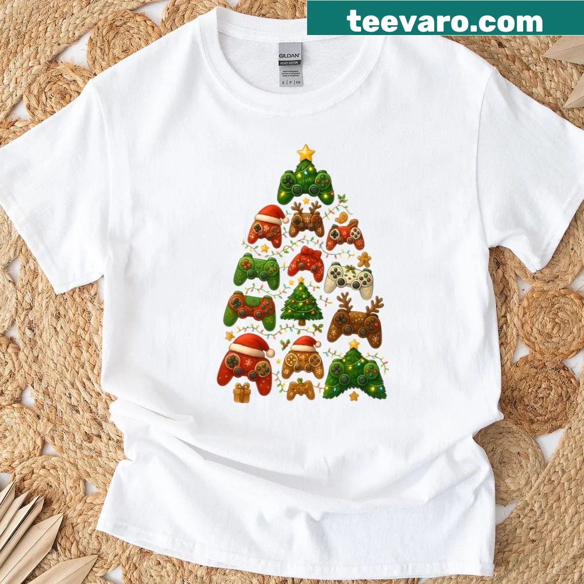 Christmas tree graphic with gaming controllers and lights design. — on a men's t-shirt